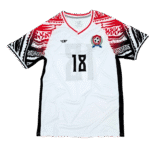 Tonga Football Association away jersey 2024 in white with red and black Polynesian sleeve patterns and number 18, authentic player-edition soccer uniform made by Custom Athletics USA.