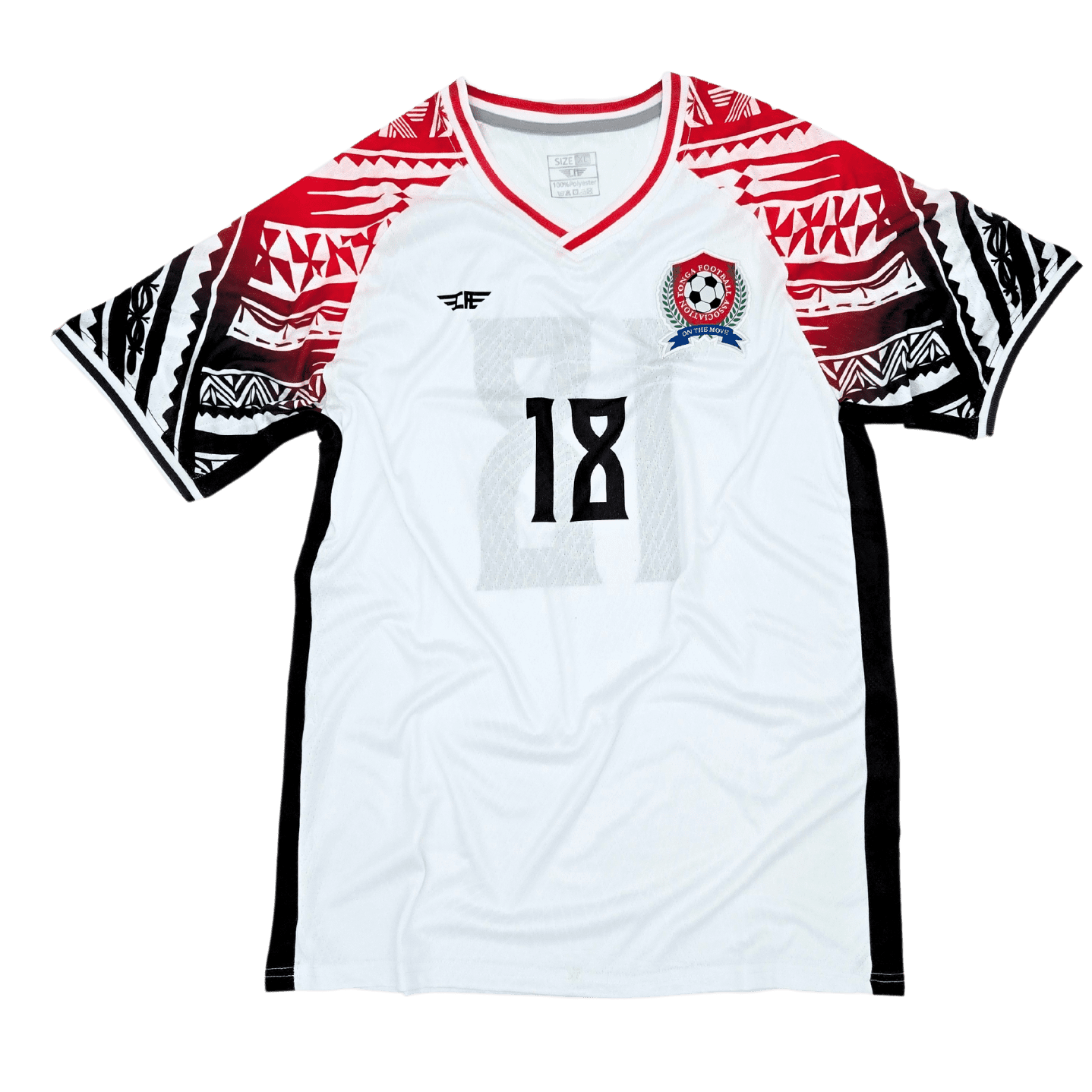 Tonga Football Association away jersey 2024 in white with red and black Polynesian sleeve patterns and number 18, authentic player-edition soccer uniform made by Custom Athletics USA.