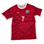 Tonga Football Association 2024 Home Jersey in red geometric design, official match uniform by Custom Athletics USA featuring number 7 and traditional Polynesian pattern.