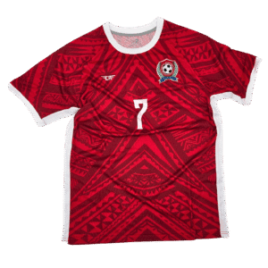 Tonga Football Association 2024 Home Jersey in red geometric design, official match uniform by Custom Athletics USA featuring number 7 and traditional Polynesian pattern.