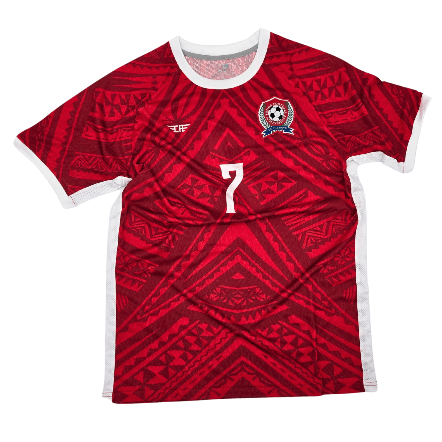 Tonga Football Association 2024 Home Jersey in red geometric design, official match uniform by Custom Athletics USA featuring number 7 and traditional Polynesian pattern.