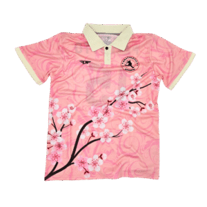Unathletic Athletic FC home jersey pink soccer shirt with cherry blossom design and polo collar, custom team uniform by Custom Athletics USA for clubs and supporters.
