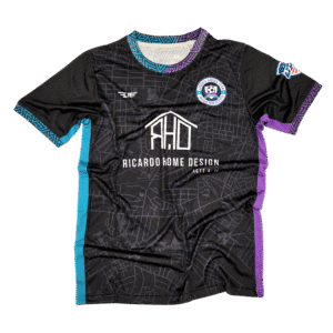 Augusta soccer team home uniform black performance jersey with custom geometric pattern, sponsor logo, and club crest, designed and manufactured by Custom Athletics USA for competitive teams.
