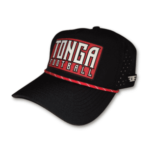Tonga Football Association hat by Custom Athletics USA featuring bold red embroidered logo patch, black structured cap design, and adjustable fit — official fan apparel for Tonga football supporters.