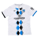 Problems FC away jersey white soccer kit with blue and black geometric stripe design, sponsor logo, and club crest, custom performance uniform by Custom Athletics USA.
