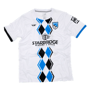 Problems FC away jersey white soccer kit with blue and black geometric stripe design, sponsor logo, and club crest, custom performance uniform by Custom Athletics USA.