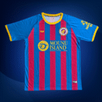 Nukuhetulu FC home jersey in blue and red vertical stripes with club crest and sponsor logo, official Tonga football kit designed by Custom Athletics USA for players and supporters.