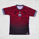 Tonga Football Jersey #2 – 2025 Home by Custom Athletics featuring bold red geometric Tongan pattern, national crest, and performance fit design for official fans and players.